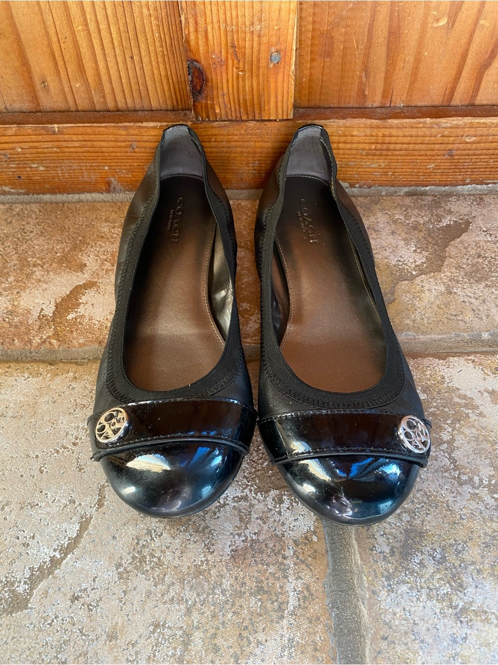 Coach Black Patent Cap-Toe Ballet Flats with Logo Accent